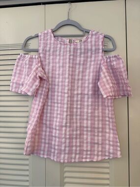 Pink and White Gingham Cold-Shoulder Top